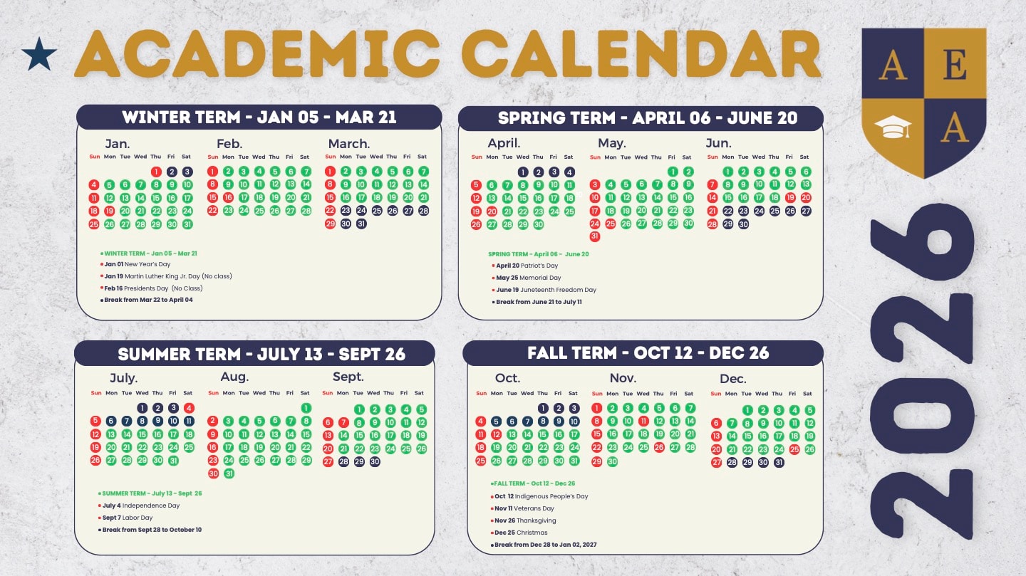 2026 AEA Academic Calendar showing term dates, holidays, and key deadlines